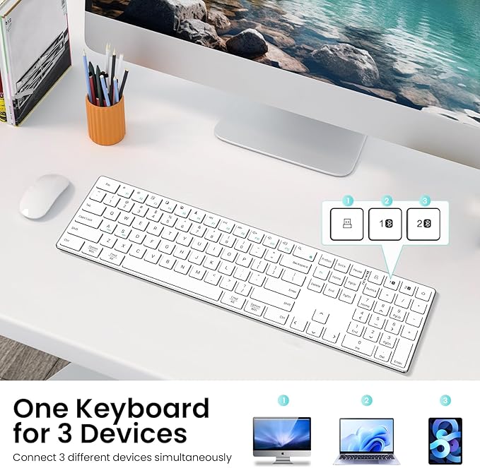 2.4G Wireless and Bluetooth Keyboard with Numeric Keypad, Multi-Device, Rechargeable, Compatible with Mac, Windows (White)
