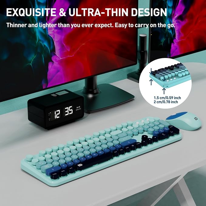 Wireless Keyboard and Mouse Set, 104 Round Keys Full-Size Cute Colorful Keyboard and Mouse with Retro Typewriter for PC/Mac/Laptop/Tablet/Computer/Windows Blue