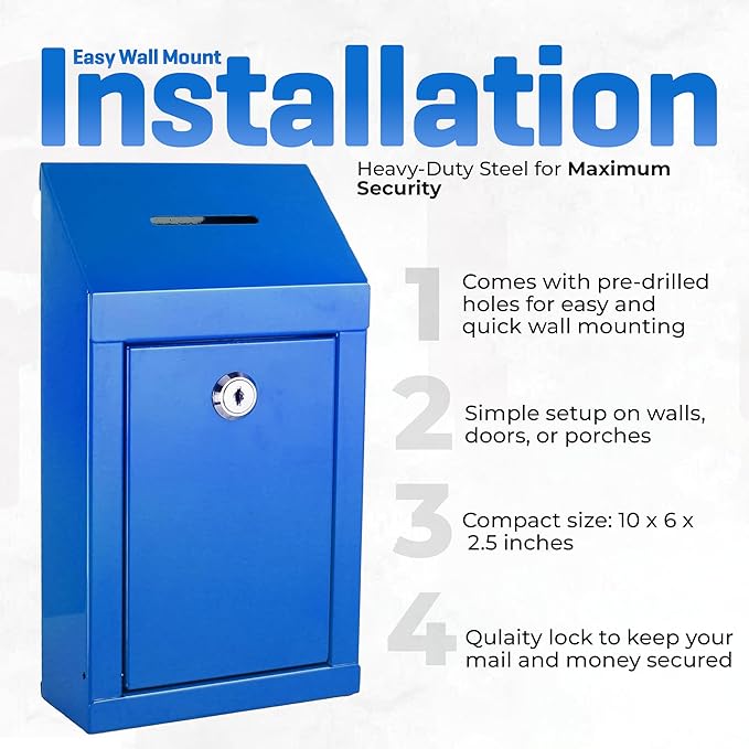 Metal Donation Box-Suggestion Box with Slot and lock-Cash Lock box for Money-Secure Drop Box-Comment and ballot voting box-comes with pre-drilled holes for easy wall mounting 10 X 6 X 2.5"(Blue)