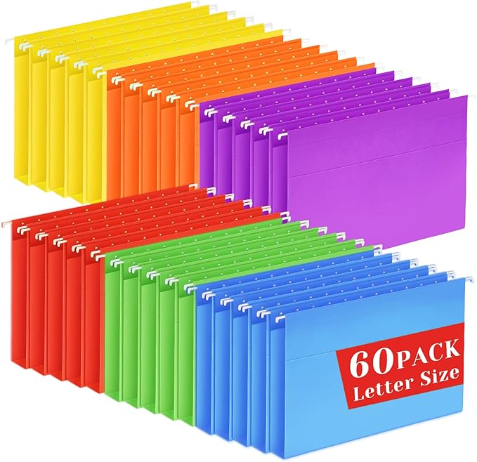 60 Pack Hanging File Folders Letter Size, Colored Hanging Folders with 1/5-Cut Adjustable Tab, Extra Capacity Hanging File Folders, 1 Inch Expansion, Perfect Office, Home, Classroom Supplies