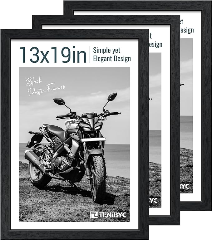 13x19 Picture Frame 3 pk, Textured Black Solid Wood Poster Frame, HD Tempered Glass, Wall Gallery Frame