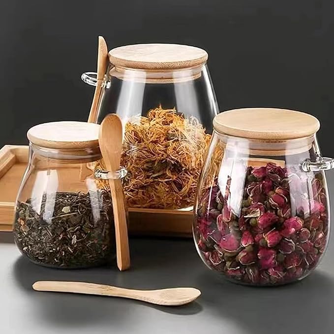 Airtight glass jar storage container with bamboo lid Set of 4, wide mouth, leak-proof, With a spoon, can be used for coffee beans, tea leaves, grains, dried fruits, etc (Small*4pcs)