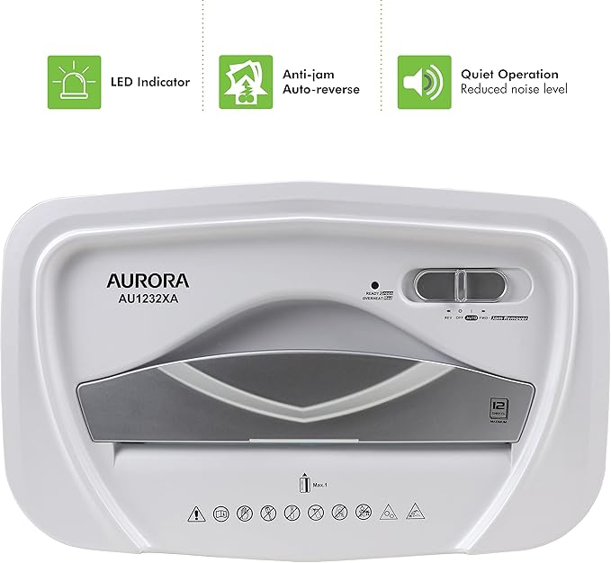 Aurora AU1232XA Anti-Jam 12-Sheet Crosscut Paper/Credit Card Shredder with 5.2-Gallon Wastebasket (White/Semi Translucent Blue)