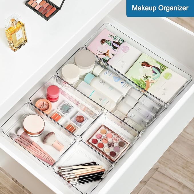 9 Pack Large Plastic Drawer Organizers Set, Clear Drawer Organizer Bins for Desk, Bathroom, Kitchen, Utensils, 3 Size Versatile Acrylic Drawer Organizer Trays