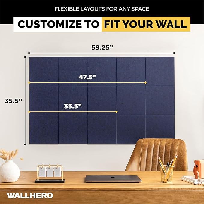 Large Cork Board Alternative | 15 Pack | Sizing Up to 59”x36”, Felt Wall Tiles, Office Wall Decor, Large Cork Boards for Walls, Corkboard, Cork Board for Office, Pin Board, Blue
