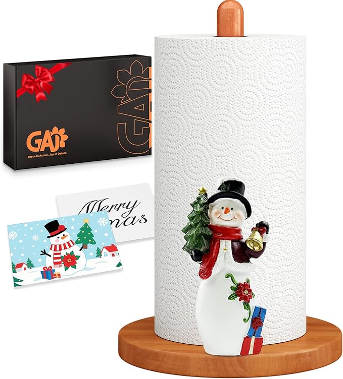 GAJ Christmas Decorations Paper Towel Holder Countertop, 3D Snowman Kitchen Counter Decor, Cute Resin Wooden Stand for Bathroom & Home Indoor Table, Winter Xmas Gift for Women, Housewarming Gifts
