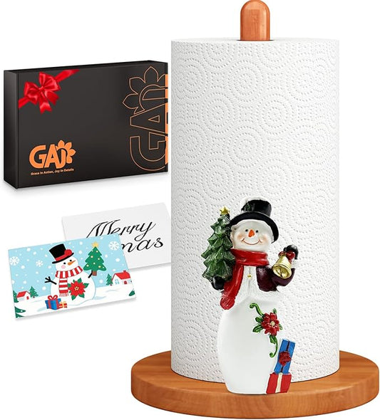 GAJ Christmas Decorations Paper Towel Holder Countertop, 3D Snowman Kitchen Counter Decor, Cute Resin Wooden Stand for Bathroom & Home Indoor Table, Winter Xmas Gift for Women, Housewarming Gifts