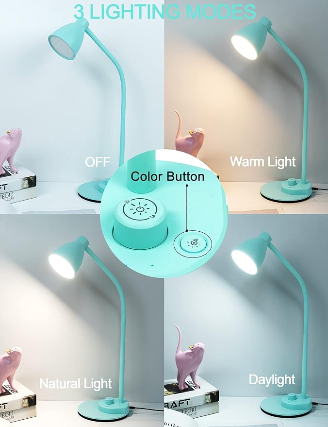 BOHON LED Desk Lamp with USB Charging Port, 3 Color Modes Fully Dimmable Reading Lamp, Auto Dimming Task Lamp, Flexible Gooseneck Table Light for Office Dorm Bedside, Adapter Include, Teal