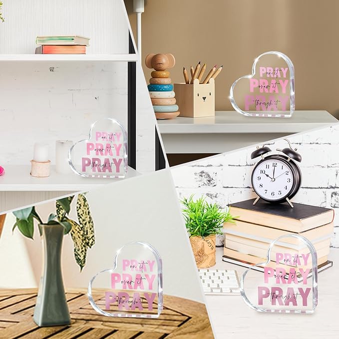 Pink Christian Gifts for Women, Pink Bedroom Decor, Pray on it Pray over it Pray through it Acrylic Sign Decorative for Home Pastor Farmhouse Living Room Church Table Desk bookshelf Decoration