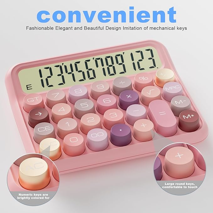 Mechanical Calculator 12 Digit Extra Large 5-Inch LCD Display, DECKLIT Battery Desk Calculator, Big Buttons Easy to Press Office Calculators Desktop, 15°Tilt Screen for Kids Calculator(Colourful)