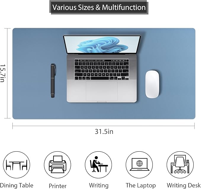 Leather Desk Pad Protector, Mouse Pad, Non-Slip Computer Mat for Desk, PU Leather Desk Mat for Home & Office, Waterproof Laptop Desk Blotter Pad for Keyboard and Mouse, Denim Blue (15.7''X31.5'')