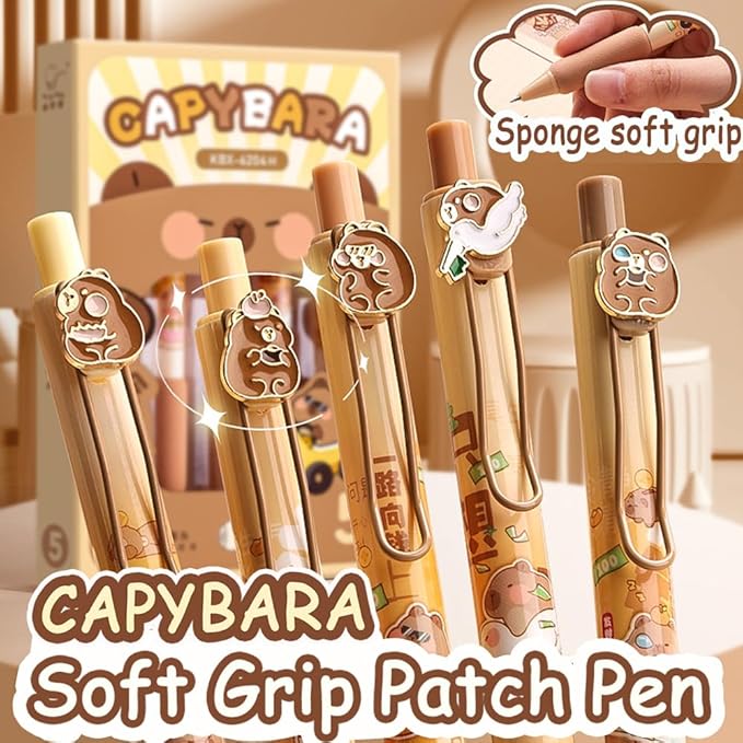 Cute Capybara Gel Pens 5Pcs Retractable Quick Dry Ink Pens 0.5mm Fine Point Black Ink Kawaii Smooth Writing Pens for School Office Supplies Aesthetic Pretty Fun Pens (Capybara)