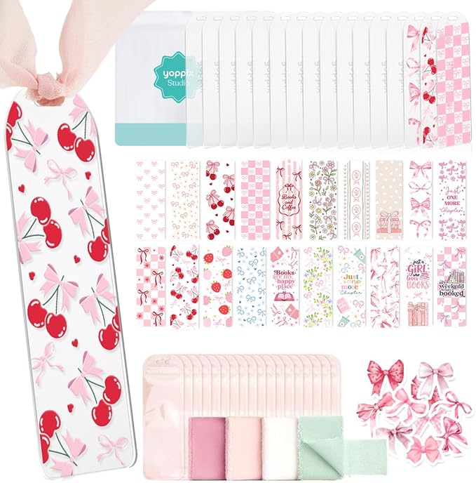 6x2” Acrylic Bookmark Blanks- 20 Set Bookmark Making Kit with 20 UV DTF Stickers About Bow Theme 20 Ribbon 80 Bookish Stickers for DIY Your Crafts Gift for Book Lover