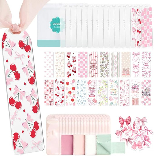 6x2” Acrylic Bookmark Blanks- 20 Set Bookmark Making Kit with 20 UV DTF Stickers About Bow Theme 20 Ribbon 80 Bookish Stickers for DIY Your Crafts Gift for Book Lover