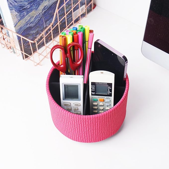 Hennaja Round Leather Art Supply Organizer,Remote Control Holder,360 Degree Spinning,Multi-Functional Pencil Holder,4 Compartments Desktop Stationary Organizer(1-Vertical Wood Red)