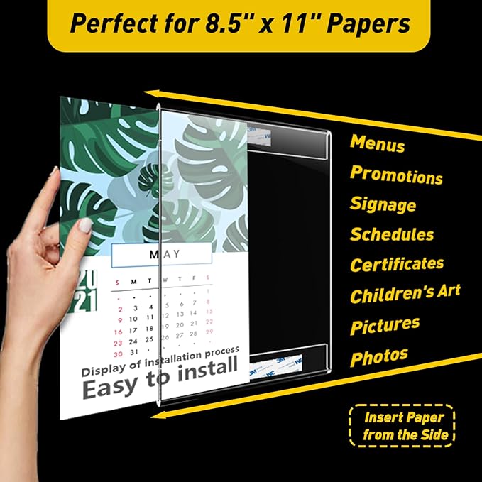 10 Pcs Acrylic Sign Holder 8.5 x 11, Vertical Wall Mount Sign Holders with 3M Adhesive, Clear Plastic Frames Paper Display Sign Holders for Office, Home, Store, Restaurant - No Drilling