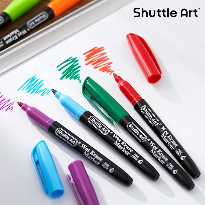 Shuttle Art Wet Erase Markers, 12 Colors 1mm Fine Tip Smudge-Free Markers, Use on Laminated Calendars,Overhead Projectors,Schedules,Whiteboards,Transparencies,Glass,Wipe with Water