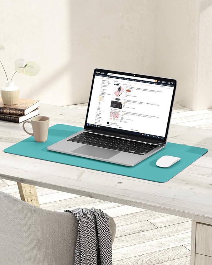 YSAGi Non-Slip Leather Desk Pad, Waterproof Laptop Computer Desk Keyboard Mat, Table Protector Blotter Mat, Large Mouse Pad for Office/Work/Home/Decor(Green Blue, 23.6" x 13.7")