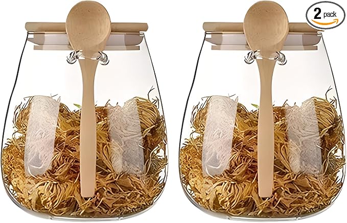 Airtight glass jar storage container with bamboo lid Set of 2, wide mouth, leak-proof, With a spoon, can be used for coffee beans, tea leaves, grains, dried fruits, etc (Large*2PCS)