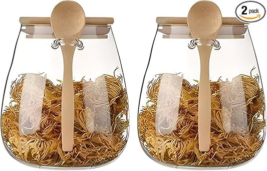 Airtight glass jar storage container with bamboo lid Set of 2, wide mouth, leak-proof, With a spoon, can be used for coffee beans, tea leaves, grains, dried fruits, etc (Large*2PCS)