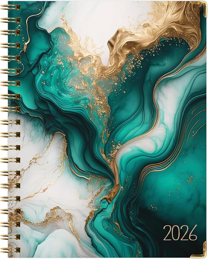 HARDCOVER 2026 Planner, 8.5"x11": 14 Months (November 2025 - December 2026), Daily Weekly Monthly Planner, Yearly Agenda, Bookmark, Pocket Folder and Sticky Note Set (Teal Gold Marble)