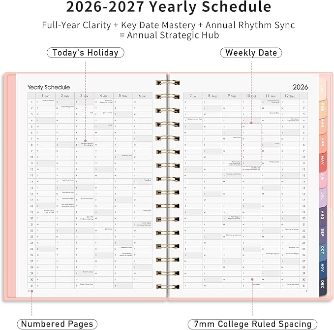 RETTACY 2026-2027 Monthly Planner, Jan 2026 - Dec 2027, Medium Size (5.7" x 8.3"), Agenda, Calendar, 24 Month Tabs, Flexible Plastic Cover, 100 GSM Thick Paper, Spiral-bound (Pink)