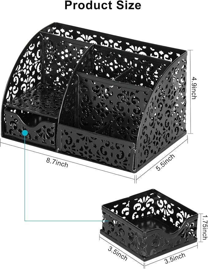 EasyPAG Pen Holder Desk Organizer with Drawer Pencil Cup for Desk 6 Compartments Metal Office Caddy Storage with Sticky Notes Holder for School Home Office, Black