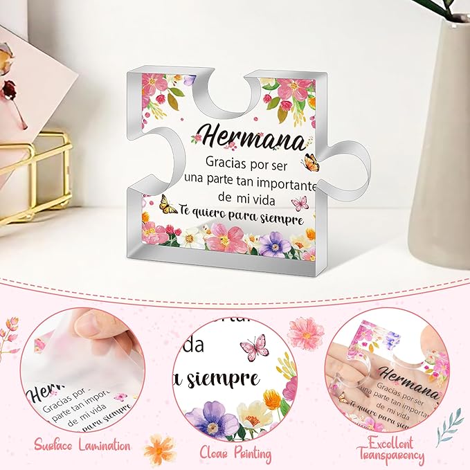 Yopyame Spanish Sister Birthday Gifts - Regalos para tía Hermana Engraved Acrylic Puzzle Keepsake Paperweight Gift for Sister Christmas Thanksgiving Mother's Day Gift Sister Gift from Sisters Brothers