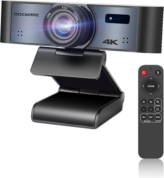 ROCWARE 4K Webcam with Remote, RC16 Computer Camera with Microphone,1080p 60fps FHD,AI Tracking,Privacy Cover, WDR,110°FOV,8X Digital Zoom,Streaming Camera for PC/Meeting/Teaching/Zoom