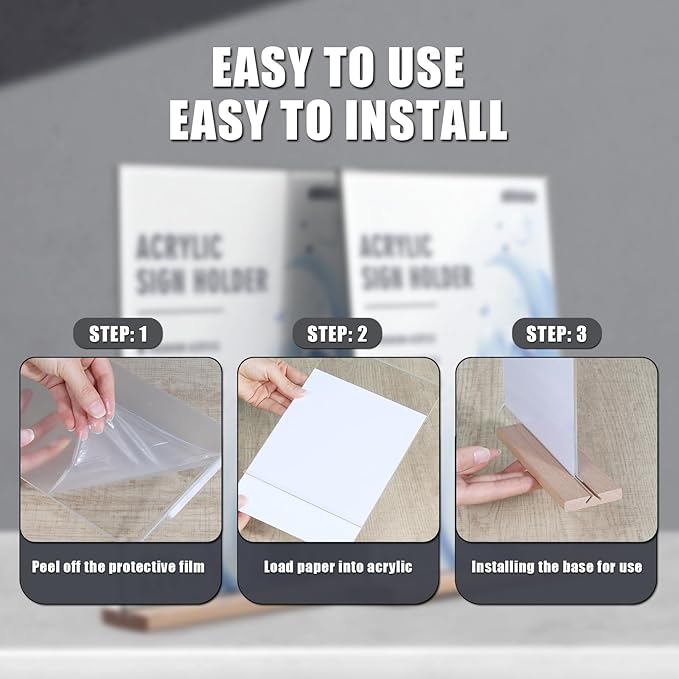 Acrylic Sign Holder 8.5x11 with Wood Base, Clear T shape Table Display Stands for Office, House, Store, Restaurants, and Event use, Double side Flyer Holder for Ads,Menu,Picture,Memory(6 packs)