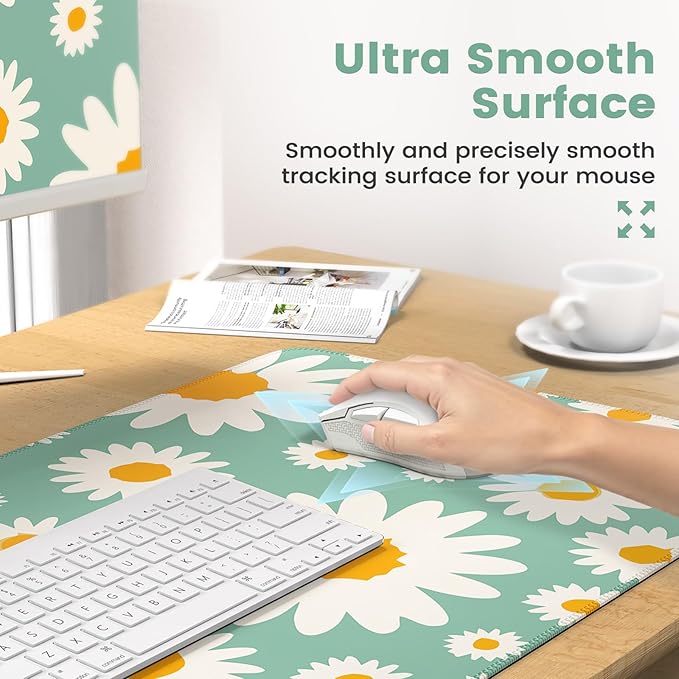 iCasso Desk Cover Mat, 4in1 Floral Large Mouse Pad with Wrist Rest, Desk Matt for Desktop, Anti-Slip XXL Big Computer Ergonomic Mousepad with Wrist Support for Keyboard and Mouse (Daisy)