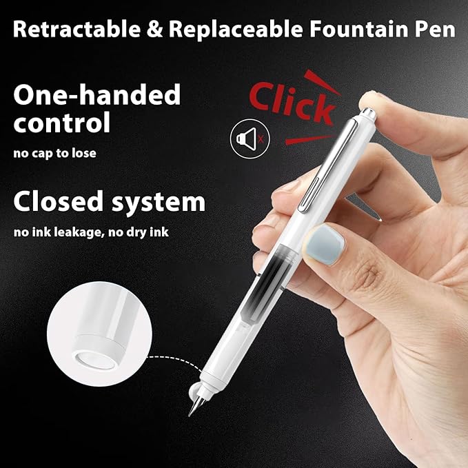 Retractable Fountain Pen Set, Click Fountain Pen Fine Nib, Capless Fountain Pen, Click-to-Write Pen with 5 Black Ink Cartridges, for Writing Journaling Sketching Drawing Calligraphy White