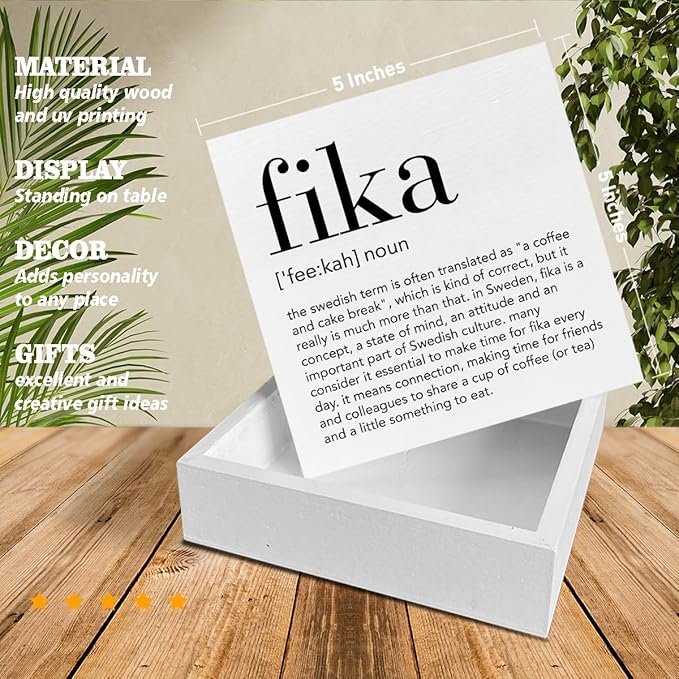 Fika Definition Decor Gift for Friends Colleagues Swedish Fika Decorations Home Office Wood Sign for Desk Table Shelf 5 x 5 Inches