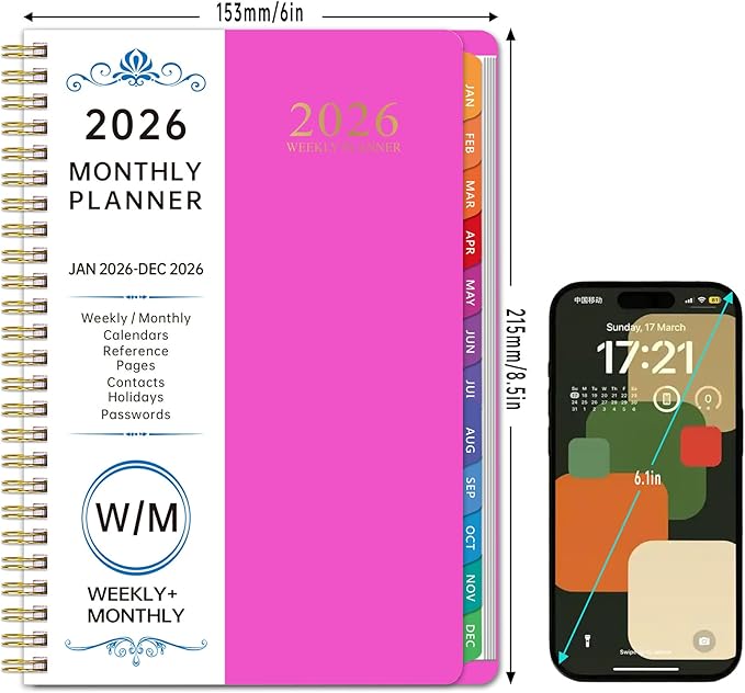 2026 Planner Weekly and Monthly, 2026 Academic Year (January 2026 - December 2026) Calendar wirh Tabs, Agenda Book for School Student, Teachers, Office Supplies,Home, 6" x 8.5" (Pink JAN2026-DEC2026)