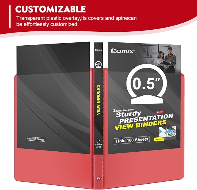 COMIX 3 Ring Binder 1/2 inch with Clear View Cover, 0.5" View Binder Holds 100 Sheets of US Letter Size Paper, 6 Pack (Assorted)