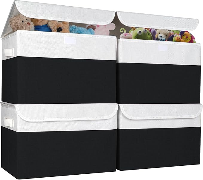 Large 22 Quart Linen Fabric Foldable Storage Bin Cube Organizer Basket with Flip-Top Lid & Handles, Clothes Blanket Box for Home, Office, Closet, Black & White, 4 Pack 14.6 x 9.5 x 9.5