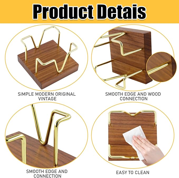 Buqoo Sticky Note Holder, Walnu Wood and Gold Metal Wire Self Stick Note Pad Holder Dispenser for School Home Office Desk Accessories Supplies