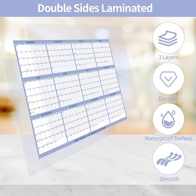 2026 Wall Calendar 24" x 36" Dry Erase Calendar for Wall from January 2026 to December 2026 12 Month Annual Large Yearly Wall Planner for Office School(Light Purple)