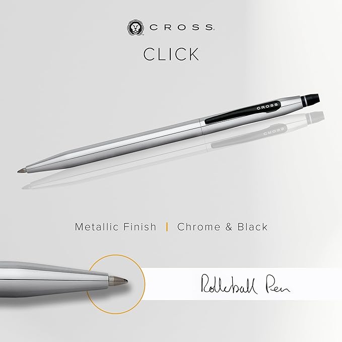 Cross Click Refillable Rollerball Pen Presented in a Everyday Gift Box -Medium Point, Black Ink, Chrome & Black