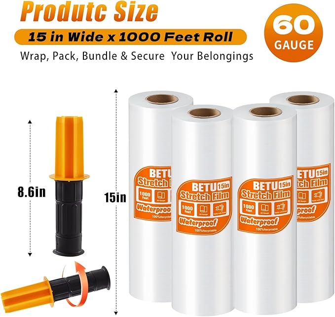 BETU Plastic Wrap Stretch Film for Moving Supplies 15inch X 1000ft, Shrink Wrap Stretch Roll Industrial for Furniture Wrapping Shipping Pallet Moving Boxes Storage with Handles, 4 Pack, Clear
