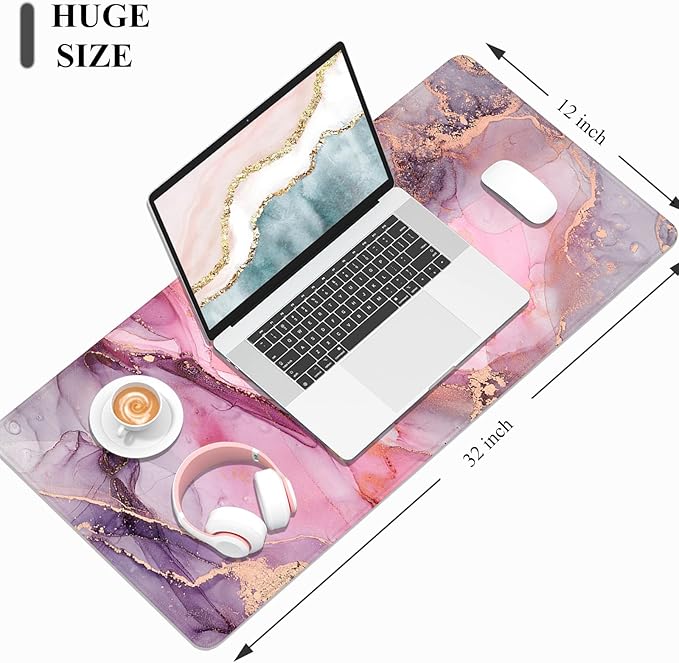 Desk Mat, 32" x 12" XXL Extended Large Gaming Mouse Pad, Desktop Decor Desk Pad, Cute Men Women Office Supplies and Accessories, XL Mouse Mat for Laptop & Keyboard, Red Pink Marble
