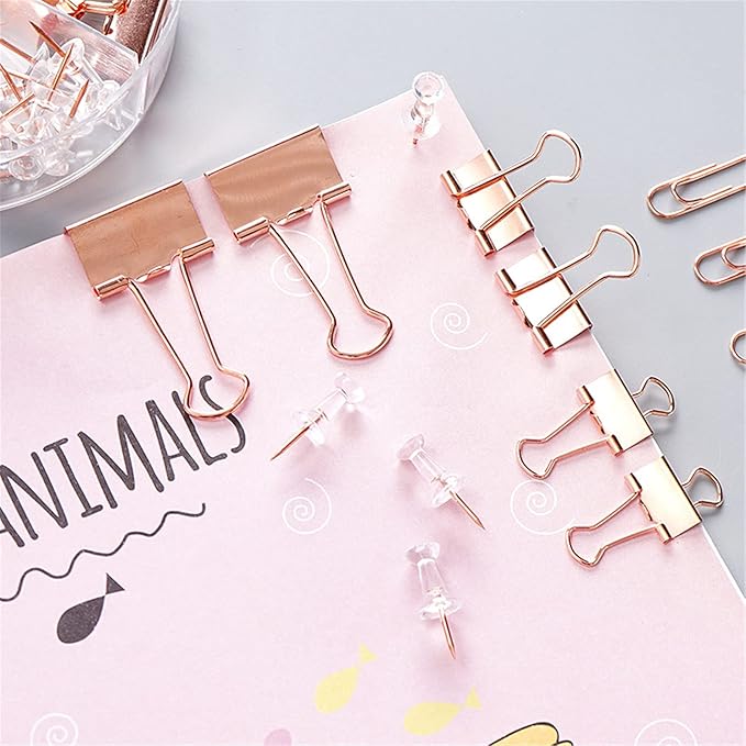 72 Pcs Rose Gold Small Binder Clips, Paper Clips and Thumbtack for Office Work School and Home Supplies (72pcs Mixed, Rose Gold)