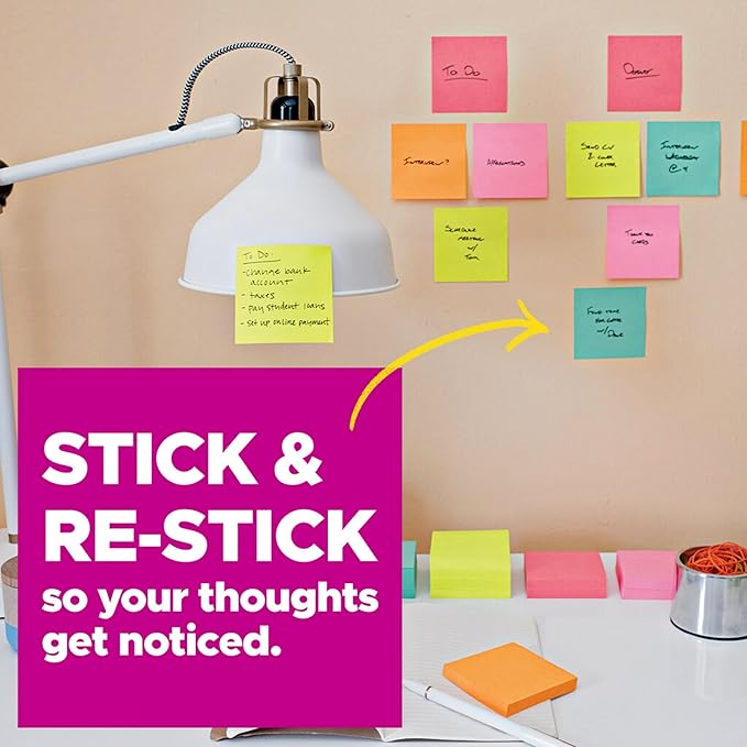 Post-it Super Sticky Notes, 3x3 in, 18 Pads, 2X The Sticking Power, Energy Boost Collection, Bright Colors, Recyclable (R330-18SSAUCP)