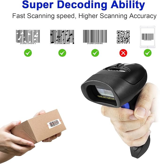 NetumScan Wireless Barcode Scanner with Stand, 2-in-1 Automatic USB Cordless 1D Barcode Reader Handheld CCD Bar Code Scanner with Stand for Store, Supermarket, Warehouse
