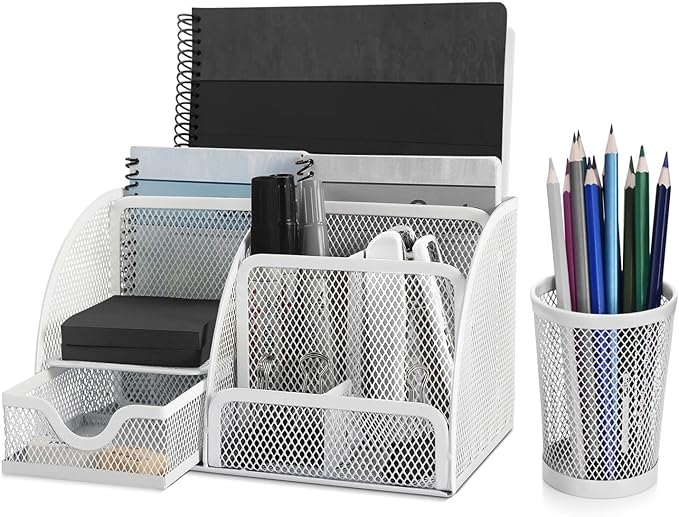 Flexzion Desk Caddy Organizer Set (White) - Metal Mesh Desktop Caddy with Drawers, 6 Compartments, and Pencil Holder for Women & Men - Desktop Organizer and Storage for Work or Office Supplies