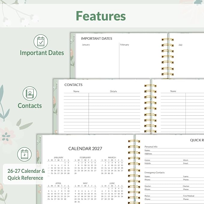 SUNEE 2026 Weekly and Monthly Planner - January 2026-December 2026, 6.4" x 8.3" Half Weekly Half Note, Daily Agenda Planner with PVC Waterproof Cover, Monthly Tab, Note, Pockets, Bookmark, Wildflowers