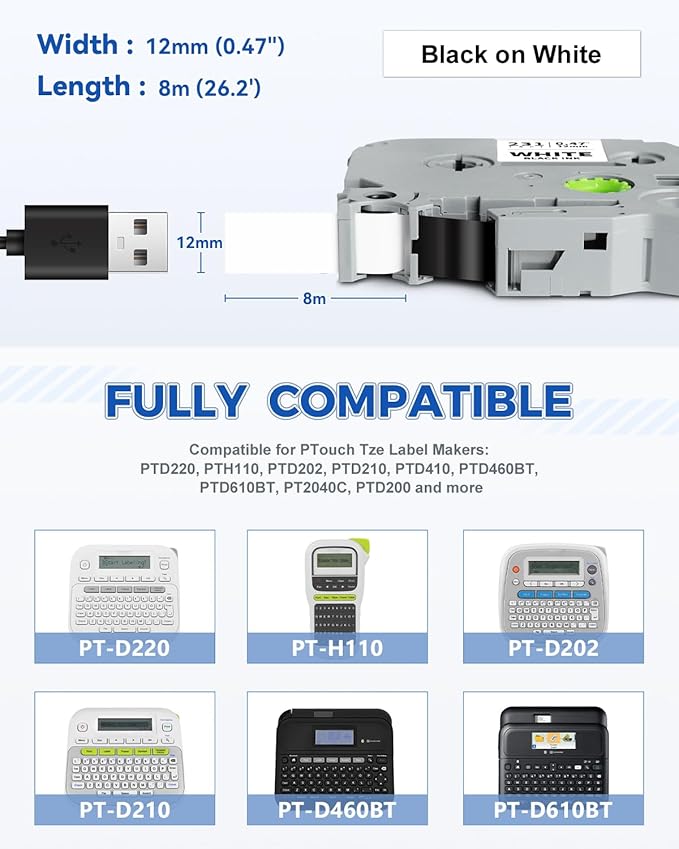 20-Pack Tze Tz Tape 12mm 0.47" Laminated White Compatible for Brother Tze-231 Label Maker Tape P Touch Label Tape 12mm 1/2" White for PT-D220 PT-D210 PT-D200 PT-2430 PT-D610BT PT-D400 PTD600