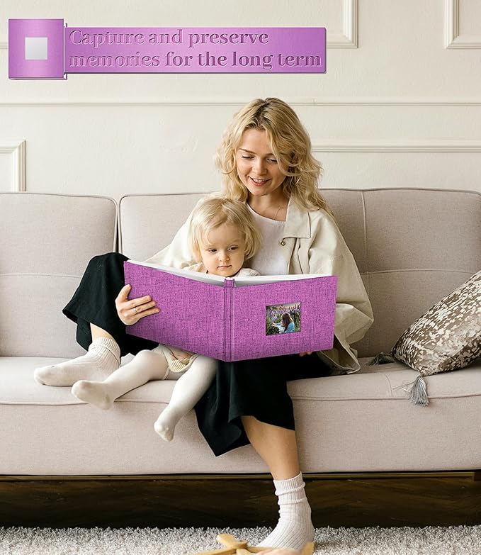 Photo Album Self Adhesive Scrapbook Album for 3x5 4x6 5x7 8x10 Pictures,120 Pages Linen Cover with Display Window DIY Photo Book,Ideal Gifts for Family Travel Wedding Baby