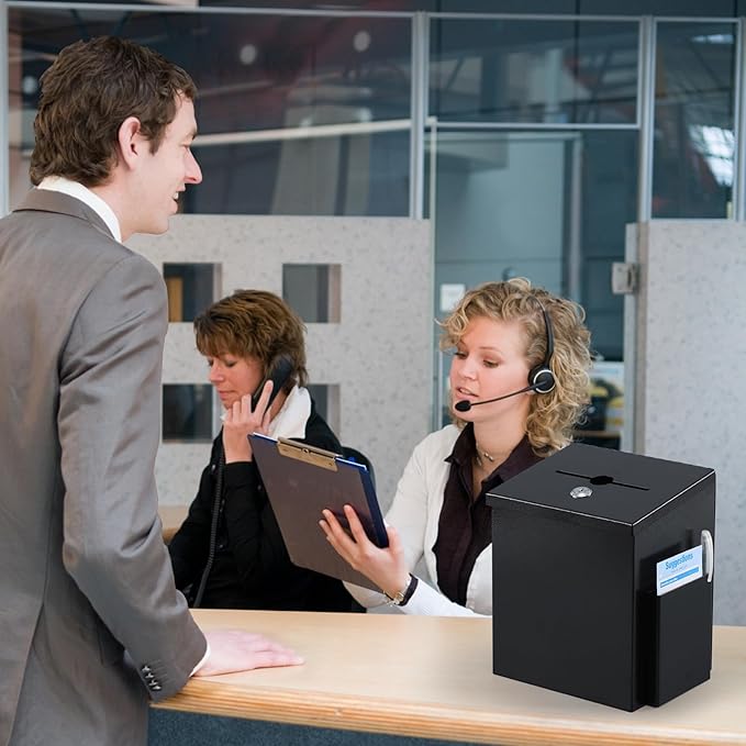 xydled Wall Mounted Ballot & Donation Box with 50 Suggestion Cards, Metal Suggestion Box with Key Lock, Collection Box, Black, 8.7"x 5.9"x7.1"