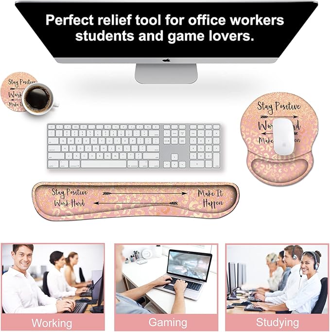 ArtSo Mouse Pad Keyboard Wrist Rest Support Ergonomic, Upgraded Cushion Mousepad Gel Memory Foam Non-Slip Rubber Base Pain Relief & Easy Typing for Home,Office, Pink Orange Stay Positive